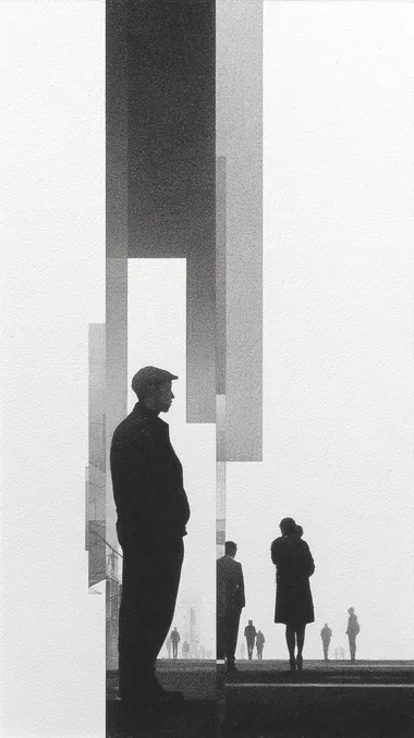 exaggerated realism, people silhouettes geometrical