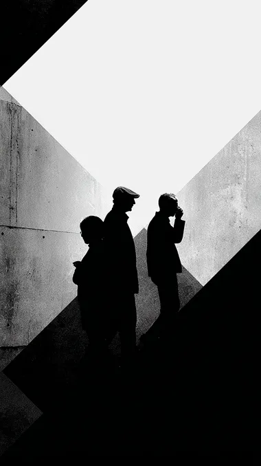 exaggerated realism, people silhouettes geometrical