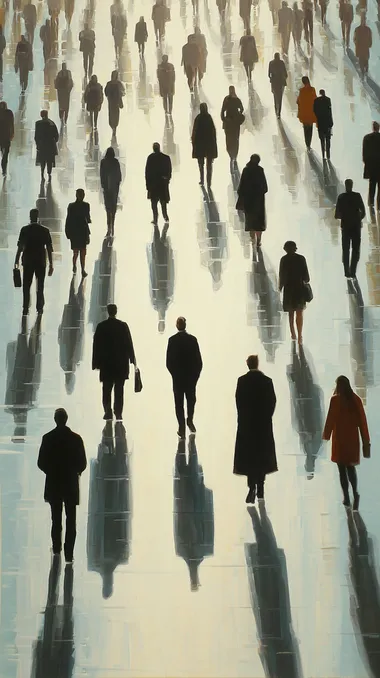 exaggerated realism, people silhouettes geometrical