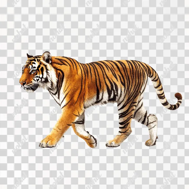 a tiger walking across a PNG transparent background