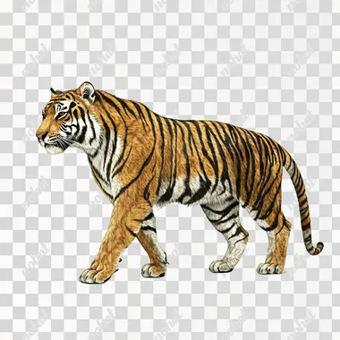 Henri Rousseau style painting, walking tiger , side view, full body shot, white background, 4k,