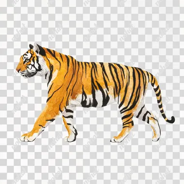 Henri Rousseau style painting, walking tiger , side view, full body shot, white background, 4k,
