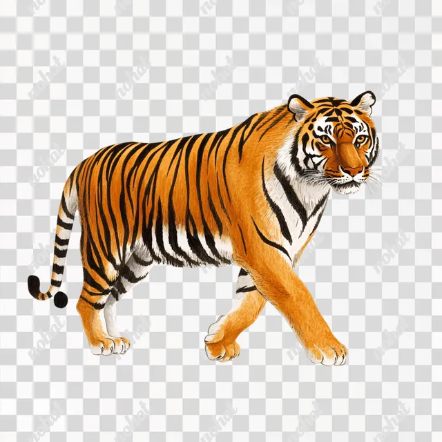 a tiger walking across a PNG transparent background
