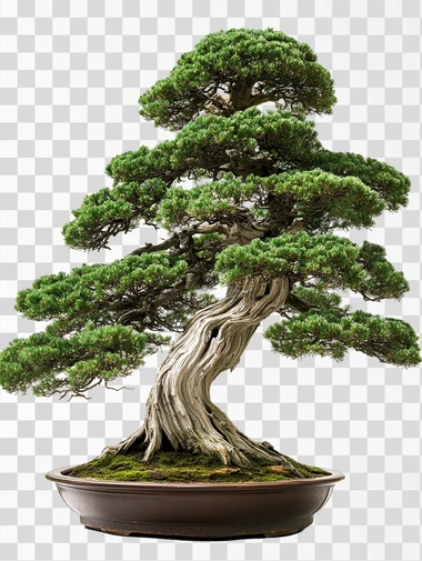 A photograph of a majestic conifer, in the foreground, full-height, natural light 45 degrees to the right, isolated on a white background.