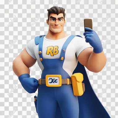 A confident and charismatic Turkish superhero carpenter mascot for Romabond glue, dressed in fitted blue carpentry overalls with 'RB' letters on the chest, a sleek flowing cape, a white t-shirt, and blue gloves. The mascot is tall, athletic, and strong, standing with a commanding and self-assured posture. One hand holds a mobile phone forward, while the other makes an 'okey' sign. The character exudes power, professionalism, and confidence, with a mature, charming expression. The background is clean and white, focusing solely on the mascot's dynamic and heroic presence. 3D, hyper-realistic style with a sophisticated, modern vibe, emphasizing strength and elegance.