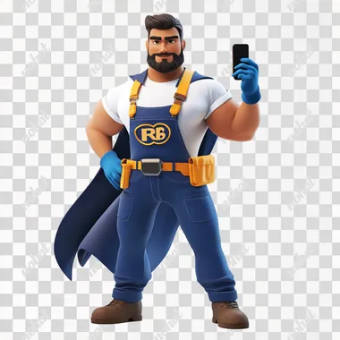 A confident and charismatic Turkish superhero carpenter mascot for Romabond glue, dressed in fitted blue carpentry overalls with 'RB' letters on the chest, a sleek flowing cape, a white t-shirt, and blue gloves. The mascot is tall, athletic, and strong, standing with a commanding and self-assured posture. One hand holds a mobile phone forward, while the other makes an 'okey' sign. The character exudes power, professionalism, and confidence, with a mature, charming expression. The background is clean and white, focusing solely on the mascot's dynamic and heroic presence. 3D, hyper-realistic style with a sophisticated, modern vibe, emphasizing strength and elegance.