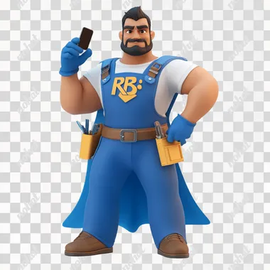 A confident and charismatic Turkish superhero carpenter mascot for Romabond glue, dressed in fitted blue carpentry overalls with 'RB' letters on the chest, a sleek flowing cape, a white t-shirt, and blue gloves. The mascot is tall, athletic, and strong, standing with a commanding and self-assured posture. One hand holds a mobile phone forward, while the other makes an 'okey' sign. The character exudes power, professionalism, and confidence, with a mature, charming expression. The background is clean and white, focusing solely on the mascot's dynamic and heroic presence. 3D, hyper-realistic style with a sophisticated, modern vibe, emphasizing strength and elegance.