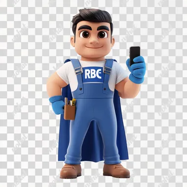 A confident and charismatic Turkish superhero carpenter mascot for Romabond glue, dressed in fitted blue carpentry overalls with 'RB' letters on the chest, a sleek flowing cape, a white t-shirt, and blue gloves. The mascot is tall, athletic, and strong, standing with a commanding and self-assured posture. One hand holds a mobile phone forward, while the other makes an 'okey' sign. The character exudes power, professionalism, and confidence, with a mature, charming expression. The background is clean and white, focusing solely on the mascot's dynamic and heroic presence. 3D, hyper-realistic style with a sophisticated, modern vibe, emphasizing strength and elegance.