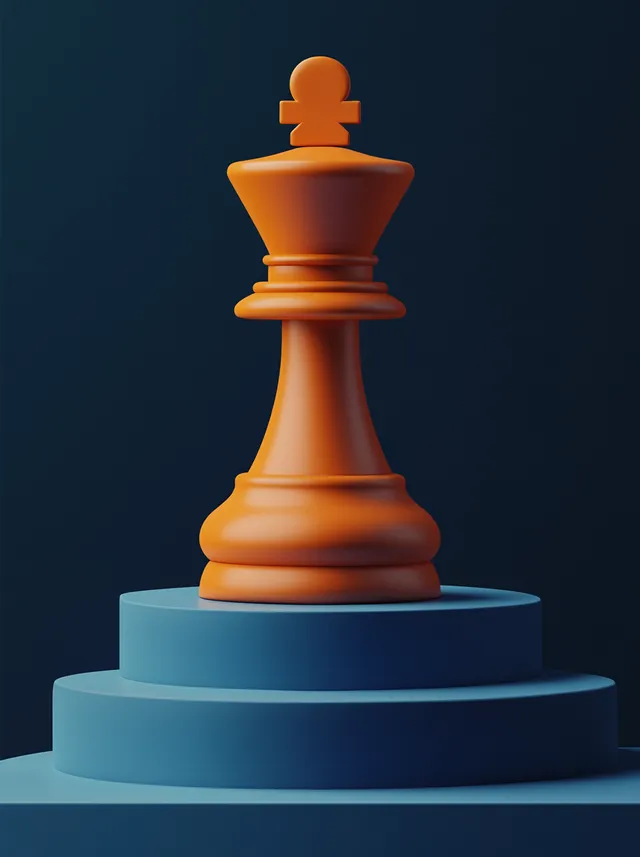 Orange chess piece on blue pedestal with soft blue squares design