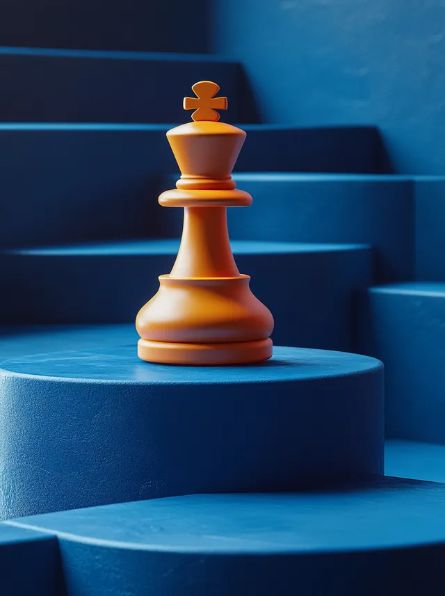 Orange chess piece on blue steps in modern onboarding app design