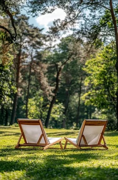Two wooden garden chairs with white fabric on the lawn in front of trees, shot from a distance, on a sunny day, using a Nikon Z7 II and natural light.