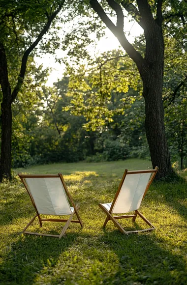 Two wooden garden chairs with white fabric on the lawn in front of trees, shot from a distance, on a sunny day, using a Nikon Z7 II and natural light.