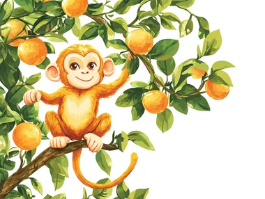 A golden monkey, cartoon, hand painted style, bright colors, squatting on an orange tree, in hand painted illustration style, graphic design,White background, high resolution, high detail level, high quality, high definition, high contrast, high dynamic range.