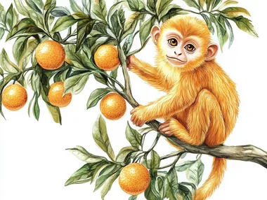 A golden monkey, cartoon, hand painted style, bright colors, squatting on an orange tree, in hand painted illustration style, graphic design,White background, high resolution, high detail level, high quality, high definition, high contrast, high dynamic range.