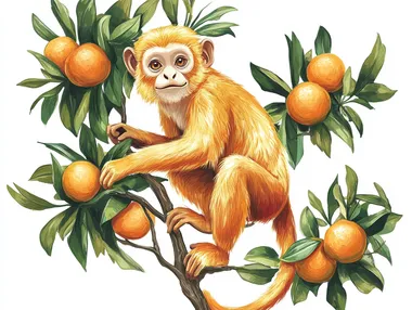 A golden monkey, cartoon, hand painted style, bright colors, squatting on an orange tree, in hand painted illustration style, graphic design,White background, high resolution, high detail level, high quality, high definition, high contrast, high dynamic range.
