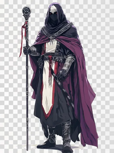 a full body illustration of a fantasy character that is a veiled figure completely covered in dark black and purple clothes silver trims and veils red accents high priest long dark magical staff in his hands in a fantasy concept art painterly illustration style flat white background