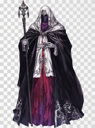 a full body illustration of a fantasy character that is a veiled figure completely covered in dark black and purple clothes silver trims and veils red accents high priest long dark magical staff in his hands in a fantasy concept art painterly illustration style flat white background