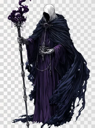 a full body illustration of a fantasy character that is a veiled figure completely covered in dark black and purple clothes silver trims and veils red accents high priest long dark magical staff in his hands in a fantasy concept art painterly illustration style flat white background