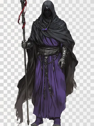 a full body illustration of a fantasy character that is a veiled figure completely covered in dark black and purple clothes silver trims and veils red accents high priest long dark magical staff in his hands in a fantasy concept art painterly illustration style flat white background