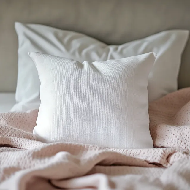 Chic White Pillow Mockup on Neatly Made Bed with Soft Lighting