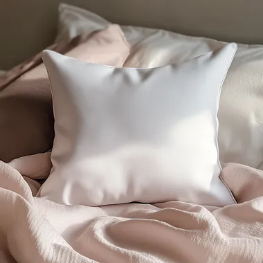A realistic photograph taken with a Samsung S23 of a white pillow mockup, 40 cm by 40 cm in size. The pillowcase is made from Aida embroidery fabric, but with a subtle and soft texture, not overly pronounced. The shot is taken straight-on. The pillow rests on a neatly made bed, covered with a light pink blanket, adding a gentle and soothing touch to the scene. The lighting is soft and diffusedhe. The background is subtly blurred to maintain focus on the pillow while preserving a sense of depth