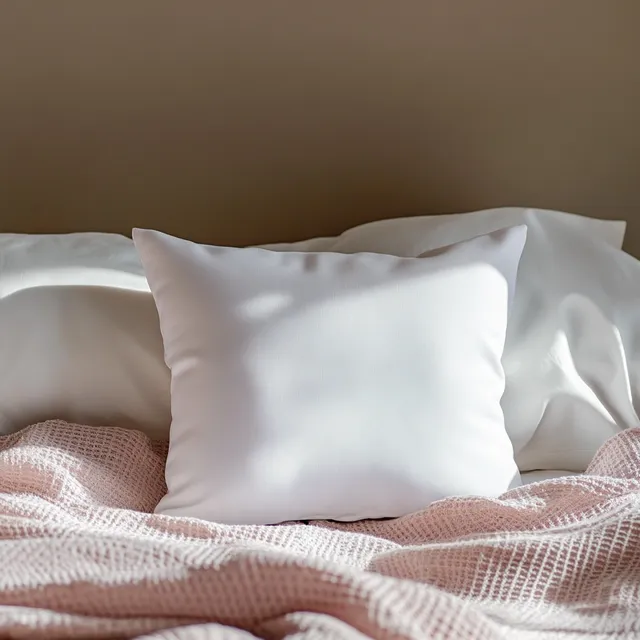 Elegant White Pillow Mockup on a Neatly Made Bed with Soft Lighting