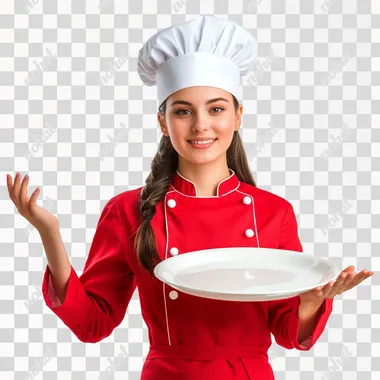 photo girl chef in red tunic and white chef's hat holds empty dish on outstretched hand, isolated white background