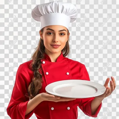 photo girl chef in red tunic and white chef's hat holds empty dish on outstretched hand, isolated white background