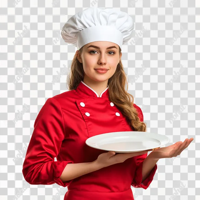 PNG Woman chef in red tunic and white hat holds dish, kitchen setting