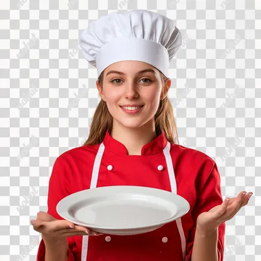 photo girl chef in red tunic and white chef's hat holds empty dish on outstretched hand, isolated white background