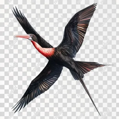 magnificent frigatebird flying, full-body, full-color realistic illustration, blank white background