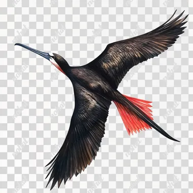 magnificent frigatebird flying, full-body, full-color realistic illustration, blank white background