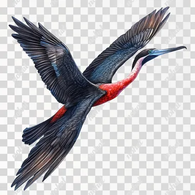 magnificent frigatebird flying, full-body, full-color realistic illustration, blank white background