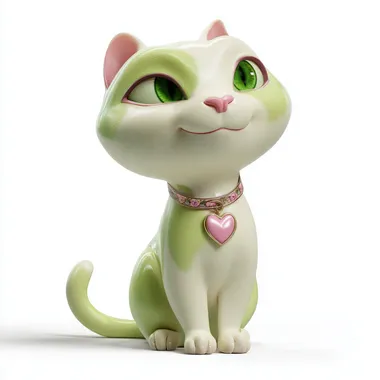 Digital 3D adult cat with a glossy, smooth, hairless body in white and green tones. He has a round and chubby figure, sitting upright on his hind legs and smiling, looking directly at the camera with big expressive and kind green eyes and a small pink nose. He wears a collar with a heart-shaped pendant. The cat is set against a white background without unnecessary elements, creating a clean style that emphasizes a cute and attractive character in bright colors for a mobile game