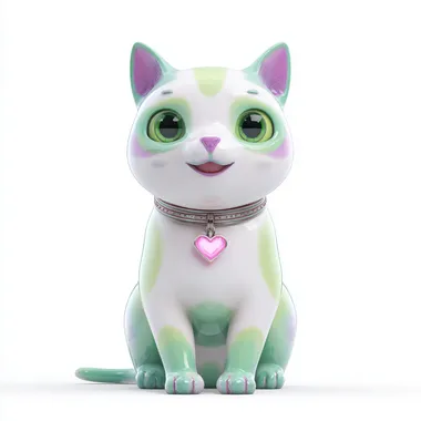 Digital 3D adult cat with a glossy, smooth, hairless body in white and green tones. He has a round and chubby figure, sitting upright on his hind legs and smiling, looking directly at the camera with big expressive and kind green eyes and a small pink nose. He wears a collar with a heart-shaped pendant. The cat is set against a white background without unnecessary elements, creating a clean style that emphasizes a cute and attractive character in bright colors for a mobile game