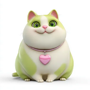 Digital 3D adult cat with a glossy, smooth, hairless body in white and green tones. He has a round and chubby figure, sitting upright on his hind legs and smiling, looking directly at the camera with big expressive and kind green eyes and a small pink nose. He wears a collar with a heart-shaped pendant. The cat is set against a white background without unnecessary elements, creating a clean style that emphasizes a cute and attractive character in bright colors for a mobile game