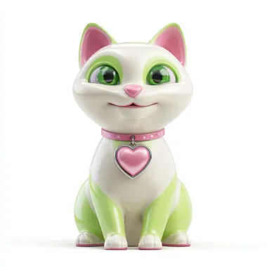 Digital 3D adult cat with a glossy, smooth, hairless body in white and green tones. He has a round and chubby figure, sitting upright on his hind legs and smiling, looking directly at the camera with big expressive and kind green eyes and a small pink nose. He wears a collar with a heart-shaped pendant. The cat is set against a white background without unnecessary elements, creating a clean style that emphasizes a cute and attractive character in bright colors for a mobile game