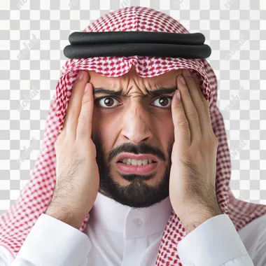 a Saudi man under stress shouting over thinking, eyes Hard and sad expression make head big white background
