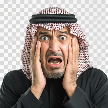 a Saudi man under stress shouting over thinking, eyes Hard and sad expression make head big white background