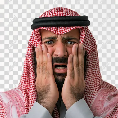 a Saudi man under stress shouting over thinking, eyes Hard and sad expression make head big white background