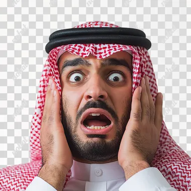 a Saudi man under stress shouting over thinking, eyes Hard and sad expression make head big white background