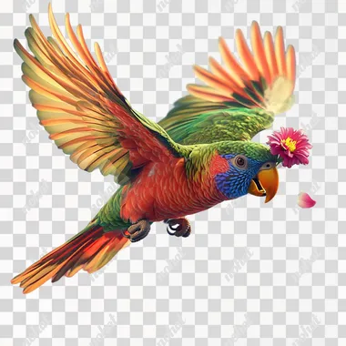 a realistic image of a lorikeet flying with a flower in it's beak.