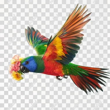 a realistic image of a lorikeet flying with a flower in it's beak.