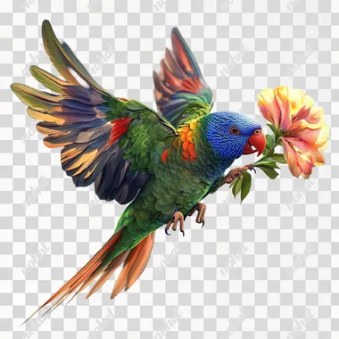 a realistic image of a lorikeet flying with a flower in it's beak.