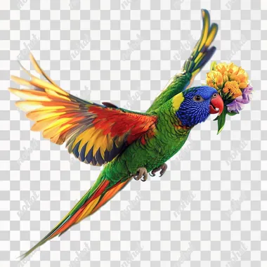 a realistic image of a lorikeet flying with a flower in it's beak.