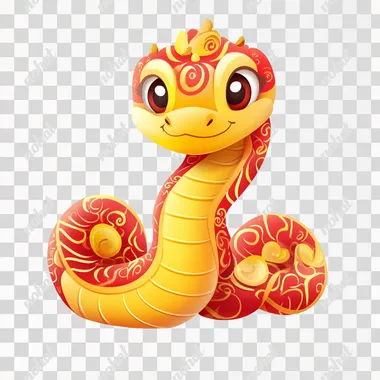 Celebrate Chinese New Year with this vibrant cartoon snake cartoon vector image. The cartoon snake features a white background, with a flat, cute design and 3D rendering. The high-resolution image has no shadows or gradient shadows, showcasing a rich and colorful red and gold color scheme.
