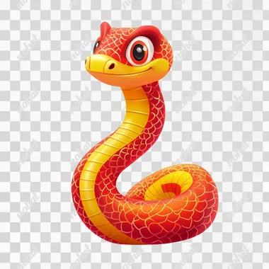 Celebrate Chinese New Year with this vibrant cartoon snake cartoon vector image. The cartoon snake features a white background, with a flat, cute design and 3D rendering. The high-resolution image has no shadows or gradient shadows, showcasing a rich and colorful red and gold color scheme.