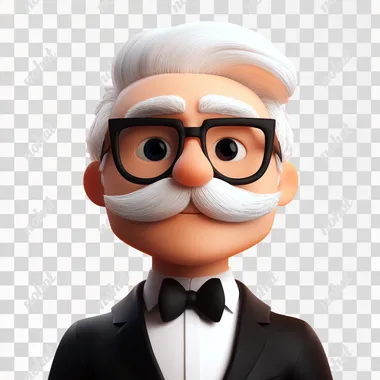 3D character design, a man with white hair, black glasses, and a mustache wearing a tuxedo against an orange background, in the style of Pixar.