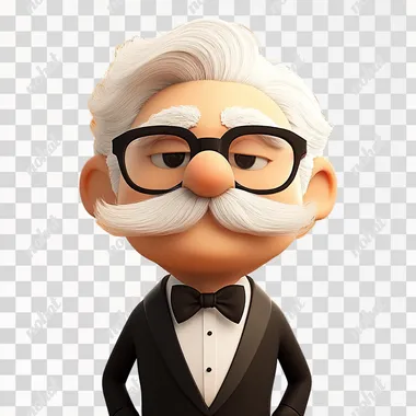 3D character design, a man with white hair, black glasses, and a mustache wearing a tuxedo against an orange background, in the style of Pixar.