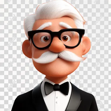 3D character design, a man with white hair, black glasses, and a mustache wearing a tuxedo against an orange background, in the style of Pixar.